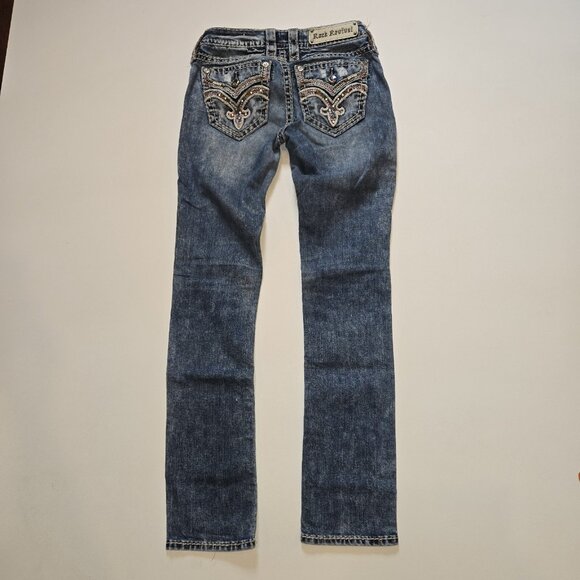 Rock Revival Klandi Straight Jeans 25 Embroidered Rhinestone Distressed Denim St - Picture 5 of 11